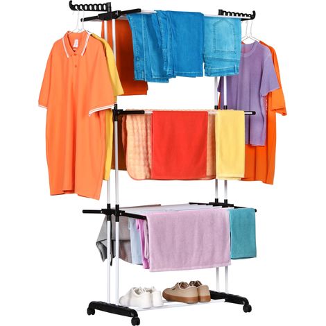 Etendoir Linge Interieur-Exterieur Pliable à 4 Niveaux - 6 Plateaux Rétractables + 2 Ailes Latérales avec Support pour Cintres + Porte-Chaussures, roulettes 360°, Couleur Noir-Blanc (19m de Linge) (1/5)