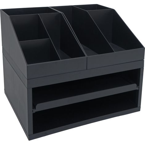 Organizer da scrivania HHG-815, con 3 scomparti con cassetto, portaoggetti da tavolo e portapenne, 29x35x26 cm, nero (1/5)