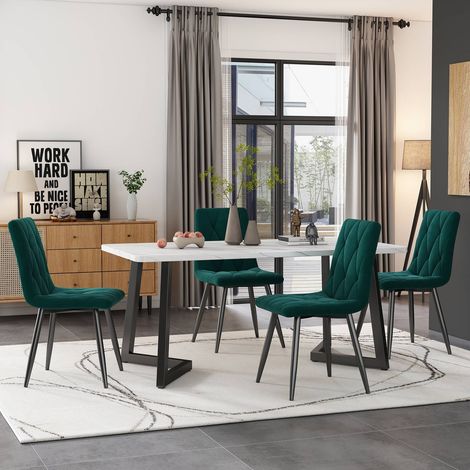 Lot de 4 chaises de salle à manger en velours vert foncé, structure et pieds en métal, design moderne (1/5)