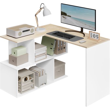 Table d'Ordinateur WOLTU, 120x100cm, Bureau d'angle avec Rangement, Bureau en L, Blanc+Chêne Clair (1/5)
