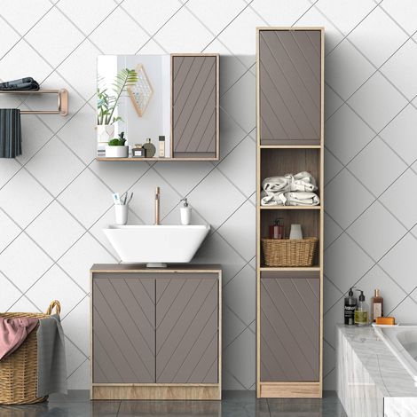Mobiletto da bagno HOMCOM con specchio, mobile ausiliario a parete con 1 anta e ripiano regolabile, stile moderno, 57x14,2x49,2 cm, rovere e grigio. (1/5)