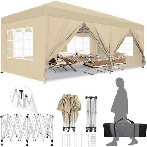 Carpa plegable de jardín. Gazebo impermeable plegable 3x6m con paneles laterales. Carpa de exterior. Altura ajustable. Protección UV 50+. y agua, Barnum plegable para bodas, picnics, mercados, Caqui (1/5)