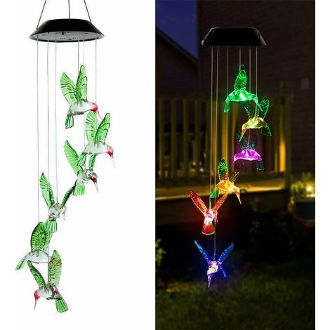 Carillon solaire LED d'extérieur, carillon colibri à couleurs changeantes pour la décoration de jardin, les cadeaux et les fêtes à la maison. (1/5)