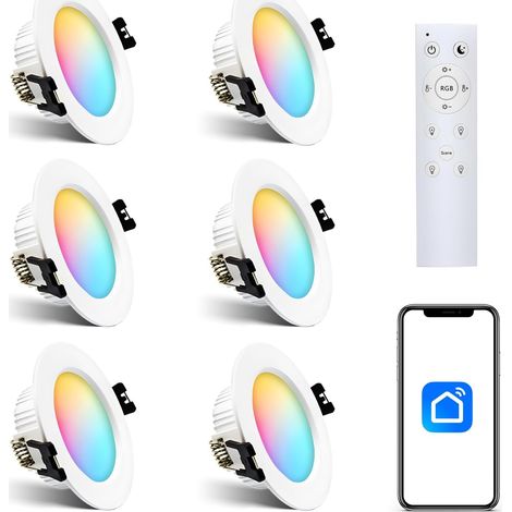 6 Spot Led Encastrable 7W RGBW CCT 230V éclairage plafond, Bluetooth Projecteurs encastrés en maille Plafonnier Lampe avec télécommande pour salon, chambre à coucher, cuisine, KTV, bars (1/5)
