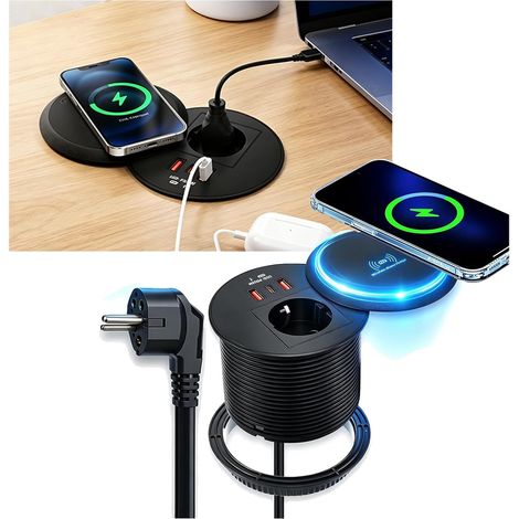 4‑en‑1 Prise EncastrablePplan de Travail avec Chargeur sans Fil 15W, Multiprise Plan de Travail avec USB‑C PD 20W+USB‑A QC Bloc Prise Escamotable pour Meubles, Cuisine, Bureau 2M Câble, Diamètre 80mm (1/5)