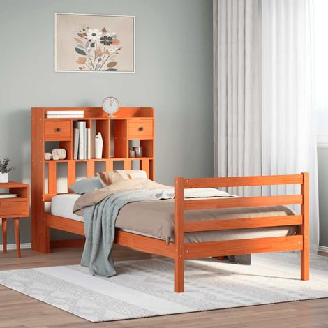 Massivholzbett mit Regal ohne Matratze Wachsbraun 75x190 cm