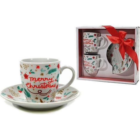 TrAdE Shop Traesio - Set 2pz Tazzine Da Caffè Da 8 Cl Bianche Con Piattino In Ceramica Con Decoro Natalizio - (1/2)