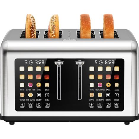 Grille pain 4 Fentes avec Tactile Contrôle Dual Indépendant, Toaster Fonction Décongeler/Réchauffer/Annuler/Mémoire/Décompte du temps restant, 8 Niveaux de Brunissemen, Tiroir ramasse-miettes amovible (1/5)