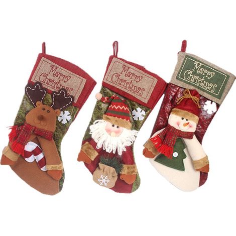 Decoración navideña: Calcetines navideños adornados con diseños en relieve de Papá Noel y un muñeco de nieve. (Juego de 3) (1/5)