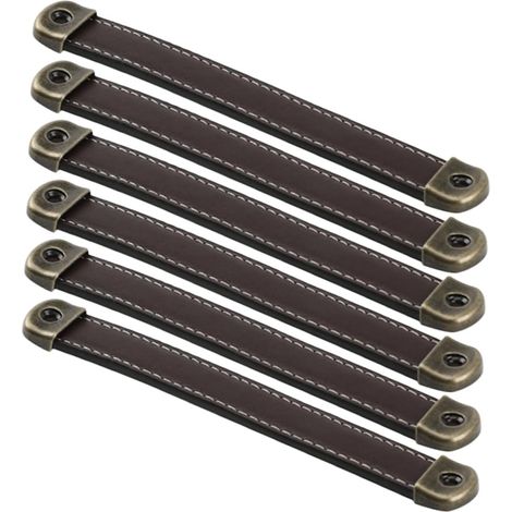 Juego de 6 tiradores de cuero vintage para muebles, acabado bronce antiguo, distancia entre orificios de 128 mm, tiradores para armarios y cajones, aptos para alacenas y cómodas, montaje visible, uso (1/5)