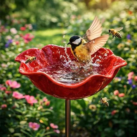 Metal Garden Stake Bird Feeding Station Handmade Flower Shape Winter Resistant Insect Drinking Trough Garden Figures Garden Statues (1/5)