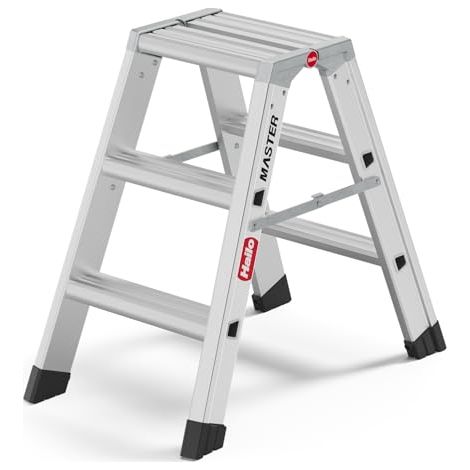HailoMaster D80 Scala de alluminio de doppia pedata - Scala pieghevole con accesso su entrambi i lati - Ampia superficie di calpestio e pedate larghe e antiscivolo - 2 x 3 pedate - Certificato EN