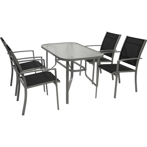 PINO: Garnitur 5-teilig (4x Staplesessel mit Armlehnen, 1x Tisch 70x120cm), Gestell Stahl grau, Bezug Kunstgewebe schwarz, Tischplatte Glas (1/5)