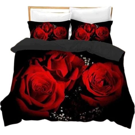 Housse de couette 3D rouge et rose 200x200 cm, microfibre douce, 2 taies d'oreiller, chambre (1/3)