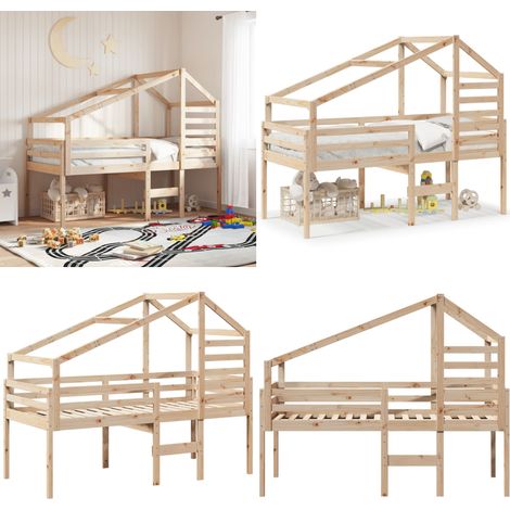 Letto a Soppalco con Tetto 90x190 cm Legno Massello di Pino - Letto con tetto - Letto per bambini