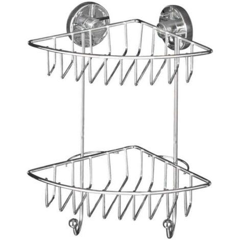 QORVA-Etagère d'angle de douche murale 2 niveaux Bari , Fixation Vaccum-Loc® sans perçage, repositionnable, Jusqu'à 33kg, Acier inox, 22,5x29,5x16cm, Chromé (1/4)