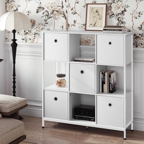 WOLTU Scaffale in Legno con 4 Cubi Aperti e 5 Cassetti in Tessuto non Tessuto Bianco (1/5)