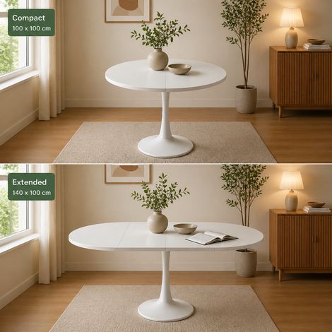 FurnitureR Extendable Round Dining Table, Modern White Pedestal Kitchen Table for 4-6 People, Space Saving Oval Dining Table for Dining Room Apartment
