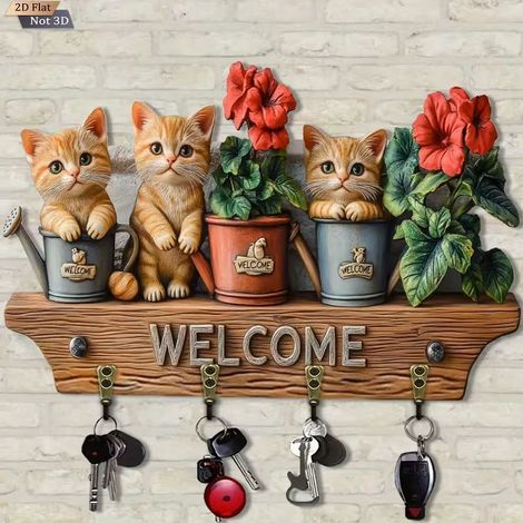 Porte-clés en matériau naturel avec trois motifs de chats orange, 15,5 x 22 x 0,5 cm, avec quatre crochets, pour montage mural, les portes d'entrée (1/5)