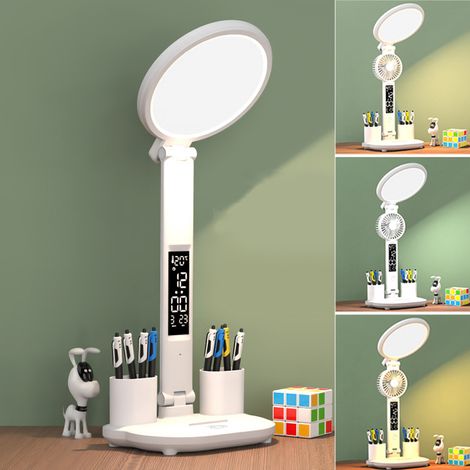 Lampe de Table LED avec Variateur Progressif – 3 Modes de Lumière, Ventilateur Intégré, Horloge, Veilleuse, Bureau ou Chevet (Alimentation Secteur) (1/5)