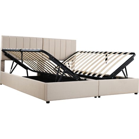 Cama tapizada 180x200 cm con almacenamiento hidráulico, lino beige, somier de láminas, HOMVRA (1/5)