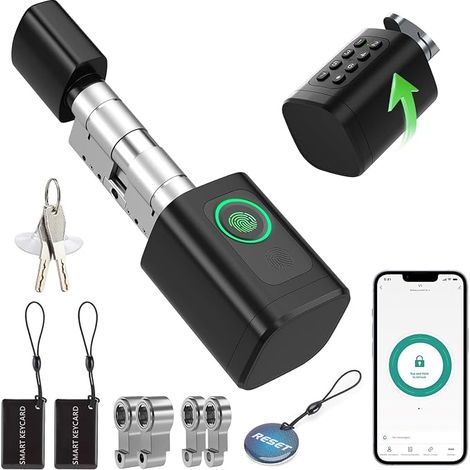 Serrure Connectée, Serrure de Porte avec Cylindre Réglable, Déverrouillage par Empreinte, Code, Carte RFID, Bluetooth et Clé (1/3)