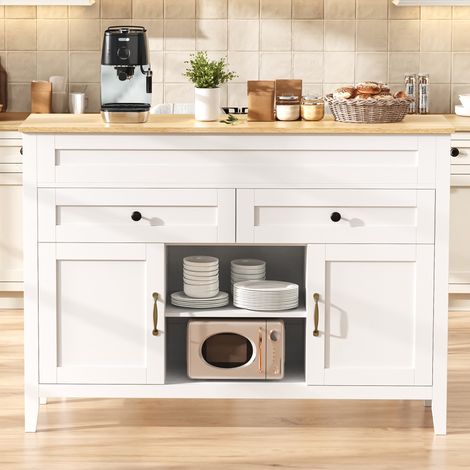 Îlot de cuisine avec table à manger extensible, meuble de cuisine avec plan de travail aspect bois clair, deux tiroirs compartimentés, portes de placard et compartiments de rangement ouverts, idéal po (1/5)
