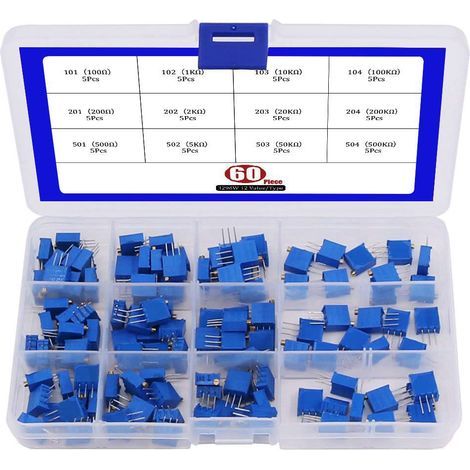 60 piezas de potenciómetros de ajuste multivuelta de resistencia variable 3296W de 12 valores, de 100 a 500 kΩ. Kit surtido de potenciómetros de ajuste multivuelta 3296W. (1/5)