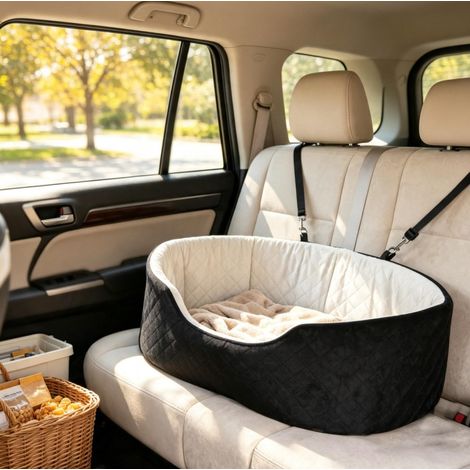 Asiento de coche para perro 77x43x28 cm de tela negra con fijación segura FloraGrace (1/5)