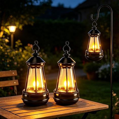 Lot de 2 lampes solaires suspendues pour l'extérieur - Lanterne solaire LED avec capteur de lumière automatique - Lanterne solaire IP65 pour extérieur, lanterne de jardin pour décoration de (1/5)