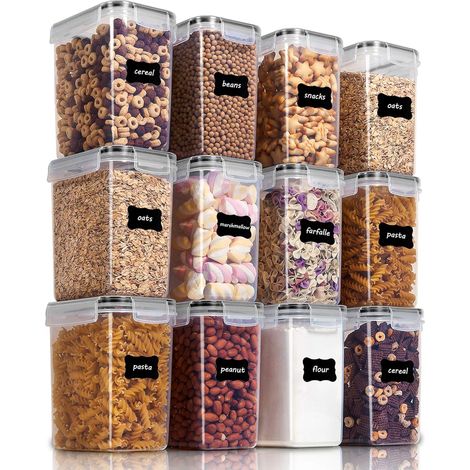 Lot de 12 Boîtes de Rangement Cuisine 1.6L, Boîtes à Céréales Transparentes avec Couvercle, Sans BPA, Distributeurs de Céréales, Farine, Sucre, Pâtes – 24 Étiquettes (Noir) (1/5)