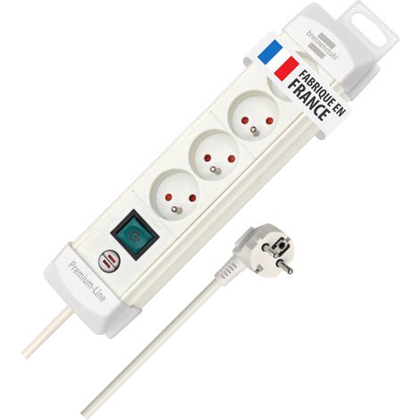 Multiprise 4 Prises avec Interrupteur à Voyant (Bloc multiprises orientées à 45 degrés, Guide-câbles, Oeillets Porte-vis, 1,8m H05VV-F 3G1,5, fabriquée en France) Blanche (1/5)