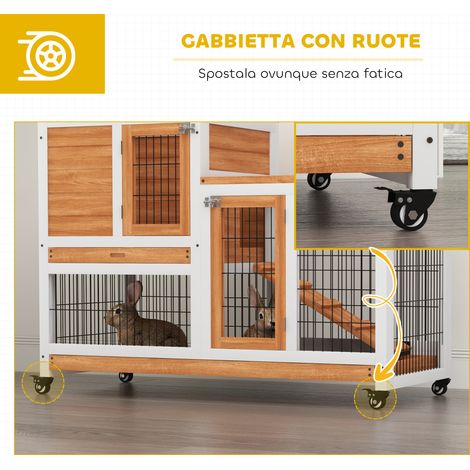 Cage lapin bois avec roulettes, tiroirs amovibles et cabane avec rampe, 110x50x88 cm, jaune et blanc (1/5)