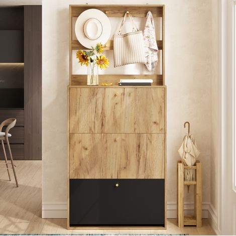 Schuhschrank mit Haken und 3 klappbaren Fächern, Natur Schwarz, 75x24x180 cm (1/5)