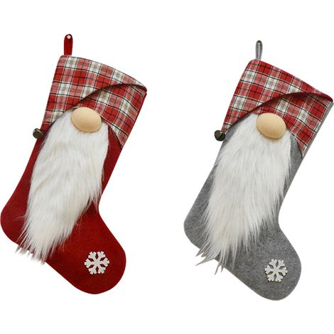 Juego de 2 calcetines navideños, 46 cm (18 pulgadas), grandes diseños en 3D con gnomos y Papá Noel, personalizables, suaves y clásicos (rojo y gris). (1/5)