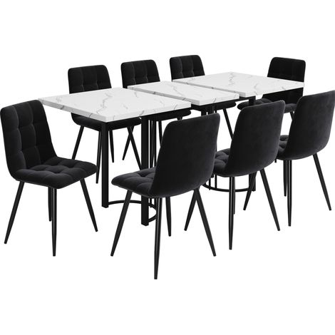 Juego de mesa de comedor extensible con 8 sillas de terciopelo negro 140-179,5x80 cm MODENUIT (1/5)