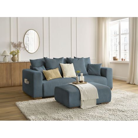BOBOCHIC - Canapé droit convertible coffre SIDONIE velours côtelé avec pouf Bleu foncé (1/5)
