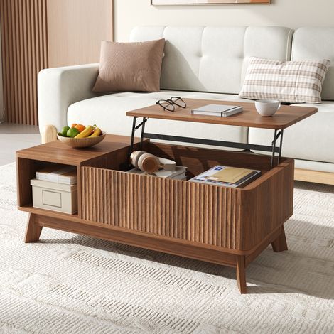 DESMIU Table basse relevable avec 1 niche ouverte et rangement, style moderne, pour salon, en MDF, noyer, 95 × 48 × 50 cm (1/5)