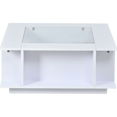 Table basse carrée blanche 70x70x30 cm avec plateau en verre, surface laquée brillante et éclairage LED (1/5)