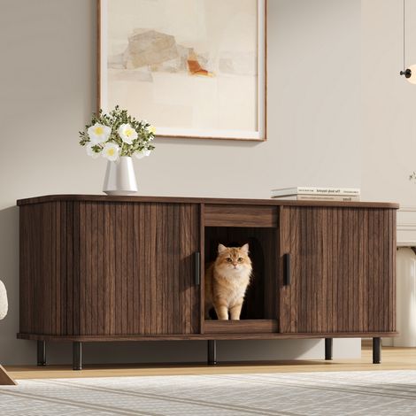 Meuble cache bac à litière à portes coulissantes imitation noyer 140 x 50 x 60 cm, caisson avec 2 compartiments indépendants pour deux bacs à litière, tapis récupérateur de granulés inclus, bacs non f (1/4)