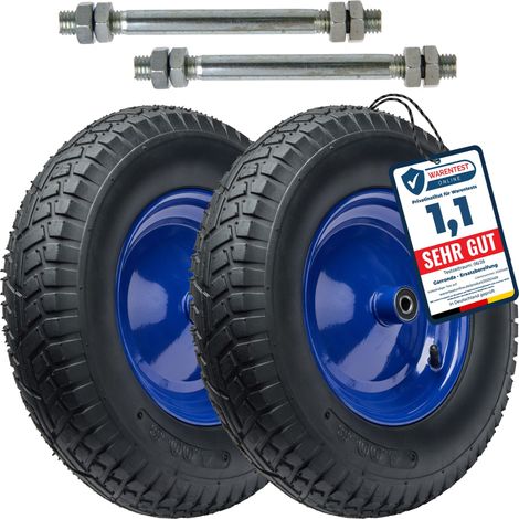 Garronda 2er Pack Ersatzrad Schubkarre 4.80/4.00-8 Schubkarrenrad Ø 390 mm Luftreifen 6PR Reifen bis 250 kg mit Achse Stahlfelge Kugellager für Gartenwagen Hof Baustelle GD-0163, Schwarz-Blau