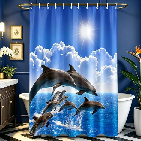 Rideau de douche - 240 x 200 cm - Motif dauphin - Ourlet lesté - Textile anti-moisissure - Imperméable - Lavable - En tissu polyester - Avec 16 œillets et anneaux de rideau de douche (1/5)