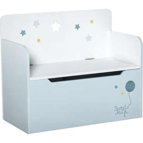 Banc de rangement avec dossier en bois pour enfants de 3 à 6 ans. 60 x 30 x 50 cm. Bleu.