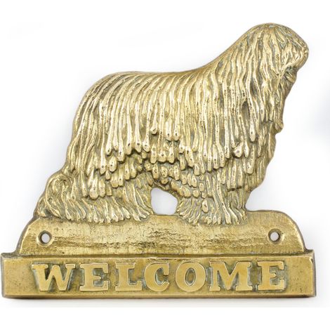 Komondor - un cartello sulla porta con un cane, una targa di benvenuto in ottone, un cartello unico con la parola Welcome di Art-Dog (1/4)