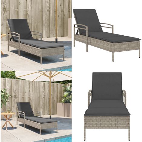 Chaise longue et coussin gris clair 63x200x81 cm résine tressée - Chaises Longues - Chaises Longues Pliantes - Transats - Lit De Bronzage - Mobilier De Jardin - Home & Living