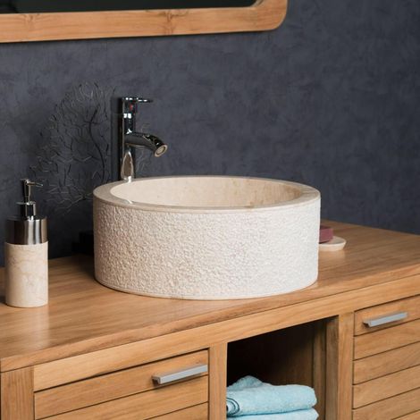Wanda Collection – Vasque à poser en marbre crème ronde 40cm – Hauteur 15cm – Lavabo en pierre naturelle pour salle de bain – Design artisanal