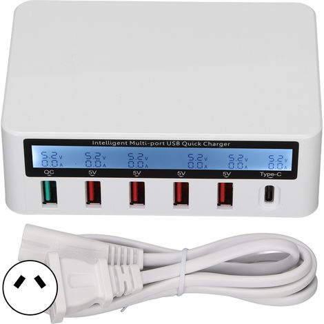 Station de charge USB 40W 6 ports QC 3.0 avec écran LCD pour téléphone et tablette, bloc chargeur multiprise blanche, prise AU 100-240V (1/5)