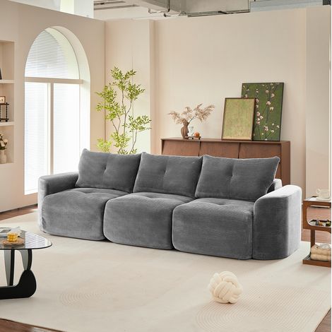 MODFU – Canapé modulable 3 places tissu côtelé – Configuration 2+1 et assise séparable – Mousse ferme et 3 coussins matelassés – Salon – Gris (1/5)