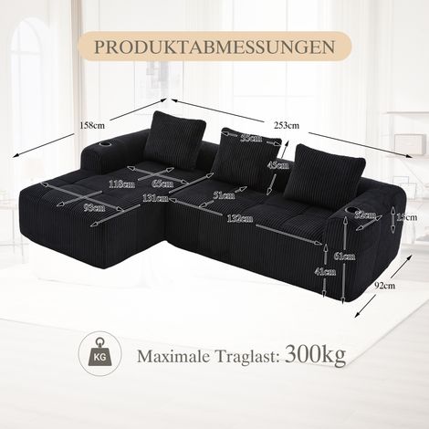 Canapé compact velours côtelé,doux et modulaire,poche latérale,porte-gobelet,3 coussins,idéal pour salon et bureau. Noir (1/5)