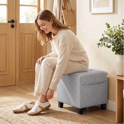 Pouf quadrato piccolo con tasca laterale, tessuto effetto lino, gambe in legno, grigio chiaro (1/5)